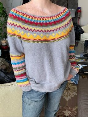 Light Gray Fair Isle Yoke Sweater - Multicolor Pattern